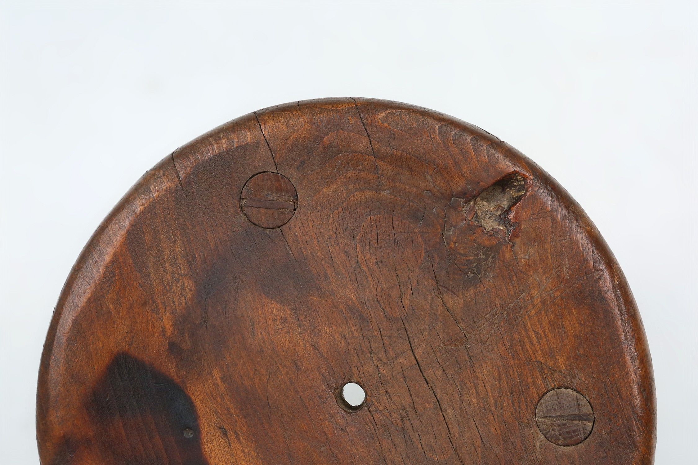 Hand-carved solid wood tripod stool with beautiful patina, France ca. 1900thumbnail